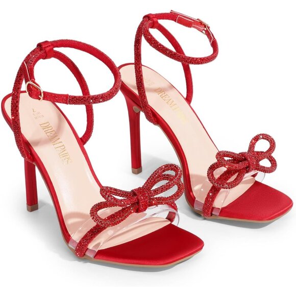 🆕 Women Red Double Bowknots Crystal Sandals Clear Slingback Square Toe Heels - Picture 2 of 7